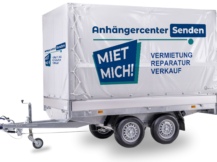 Heller, rechteckiger Anhänger mit einem Rad und einer offenen Ladefläche.